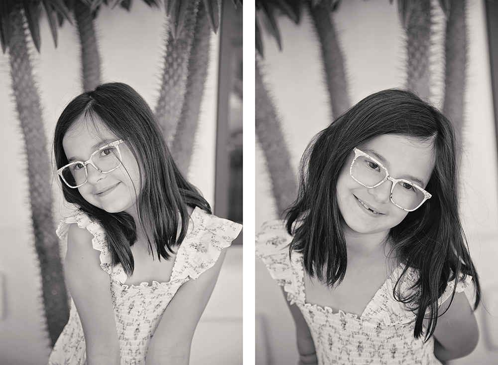 Two lovely portraits of a young girl wearing glasses 