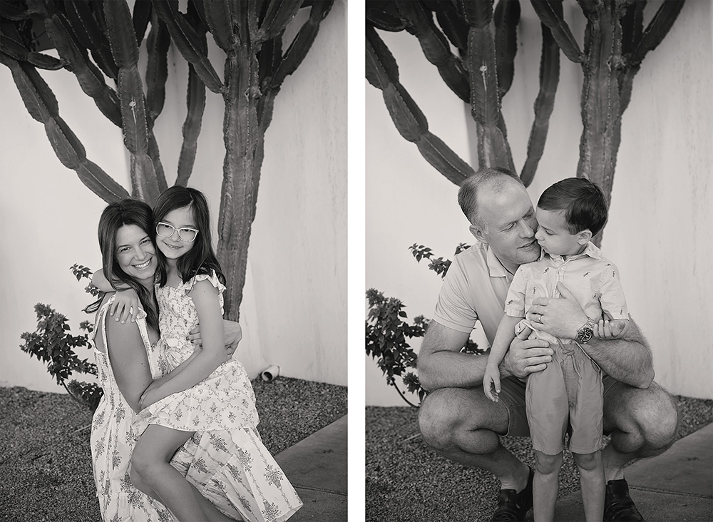 Left Photo:  a mother poses with her young daughter
Right Photo:  A father poses with his young son