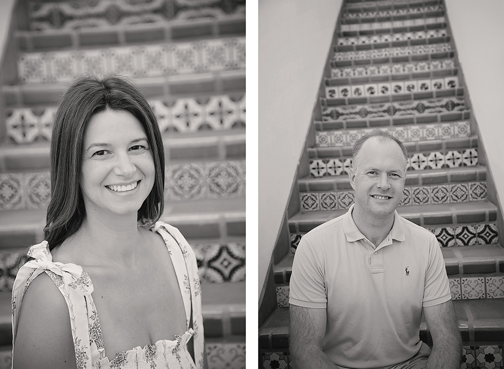 Two individual portraits in black and white of a mother and father