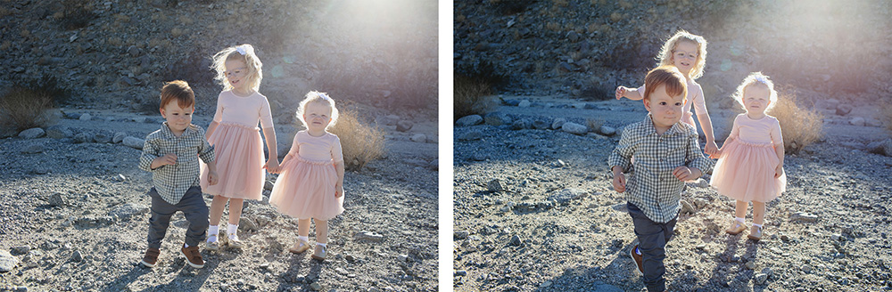 Three toddlers try hard to pose properly in the warm afternoon sunlight in the desert