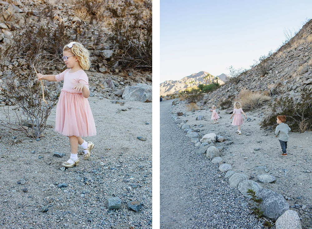 Image 1 (left)

“Little girl in a pink dress exploring the desert landscape in La Quinta, California. She holds a small stick and walks near rocky shrubs during a family photo session.”

Image 2 (right)

“Three young children walking and playing along a gravel desert trail in La Quinta, California. The rocky hillside, desert plants, and soft mountain backdrop create a natural setting for candid family photos.”