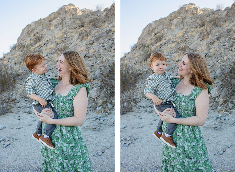 Image 1 (left)

“Mom holding her young son in the desert hills of La Quinta, California. They share a joyful moment as she smiles warmly at him against a rocky mountain backdrop.”

Image 2 (right)

“Mother smiling at her little boy while holding him during a family photoshoot in La Quinta, California. The rugged desert hillside behind them creates a natural, scenic setting.”
