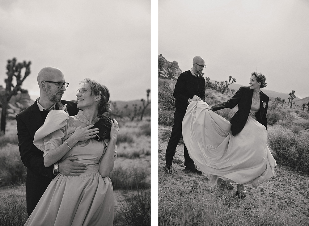 Bride and groom sharing intimate portraits after a small wedding at Joshua Tree National Park, captured in black and white documentary wedding photography