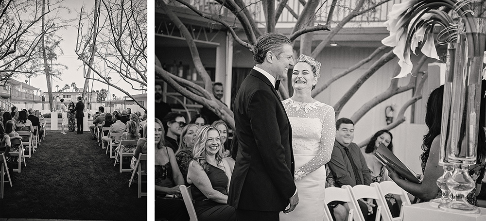 Outdoor wedding ceremony with guests gathered at an intimate boutique hotel wedding at Skylark Hotel, captured in black and white documentary wedding photography