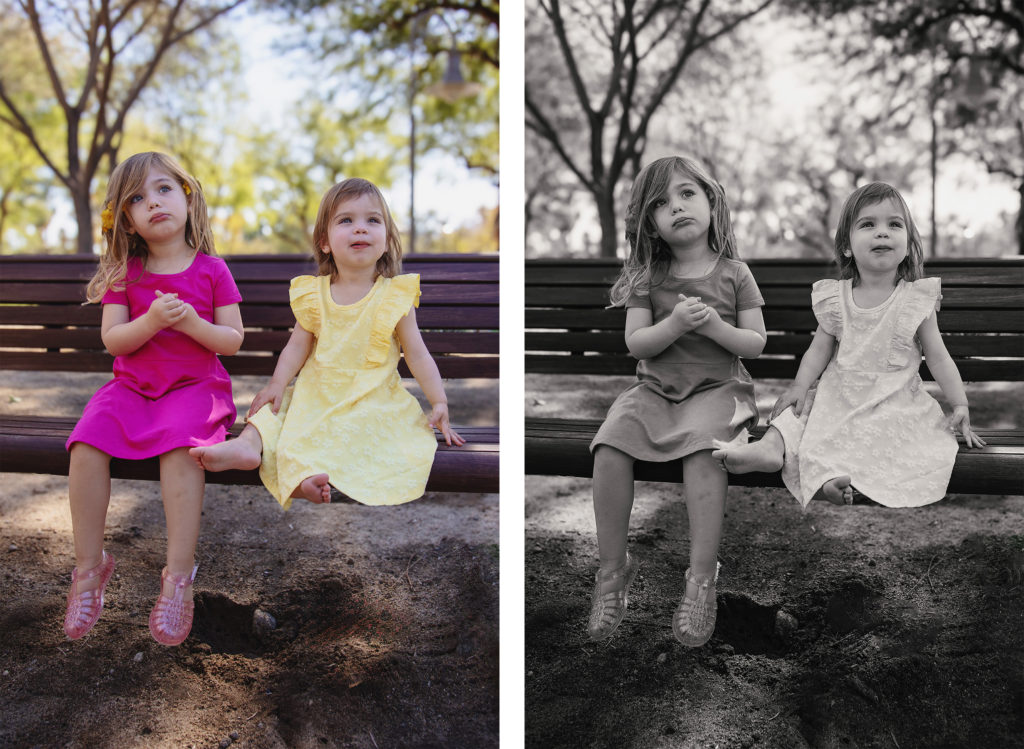 Left image:  Vibrant color image of two sisters sitting on a park bench
Right image: Same image rendered in black and white.