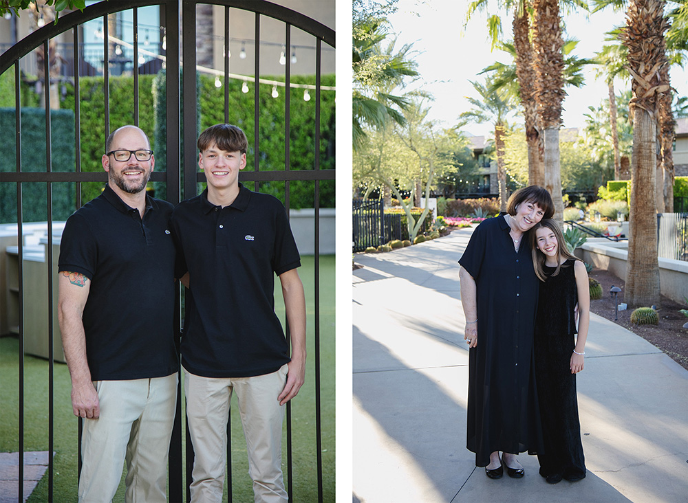 Two photos, one photo a dad and his son pose with big smiles.  The second photo a grandmother and her grand daughter pose on hotel grounds