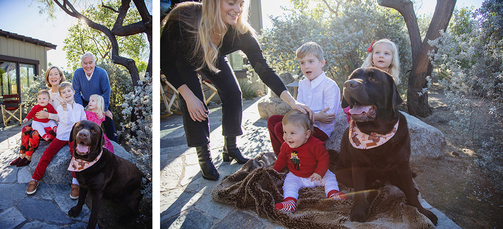 Multi-generation family with young children and their chocolate labrador sitting outdoors during a relaxed family photo session in Palm Springs, California.