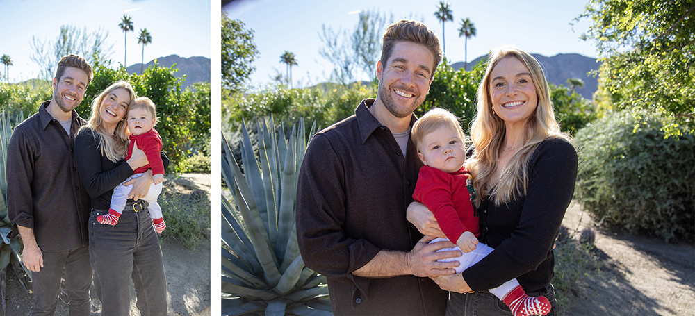 Palm Springs family portrait of parents holding their baby during a relaxed outdoor family photography session surrounded by desert plants in California
