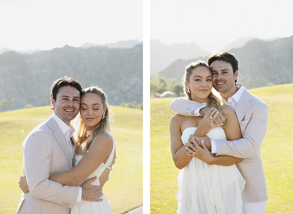 Couple dressed in light semi-dressy clothing pose for photos in soft afternoon sun