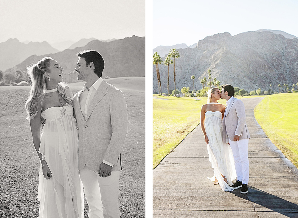 Newlywed couple pose for photos on a golf course in La Quinta Ca.