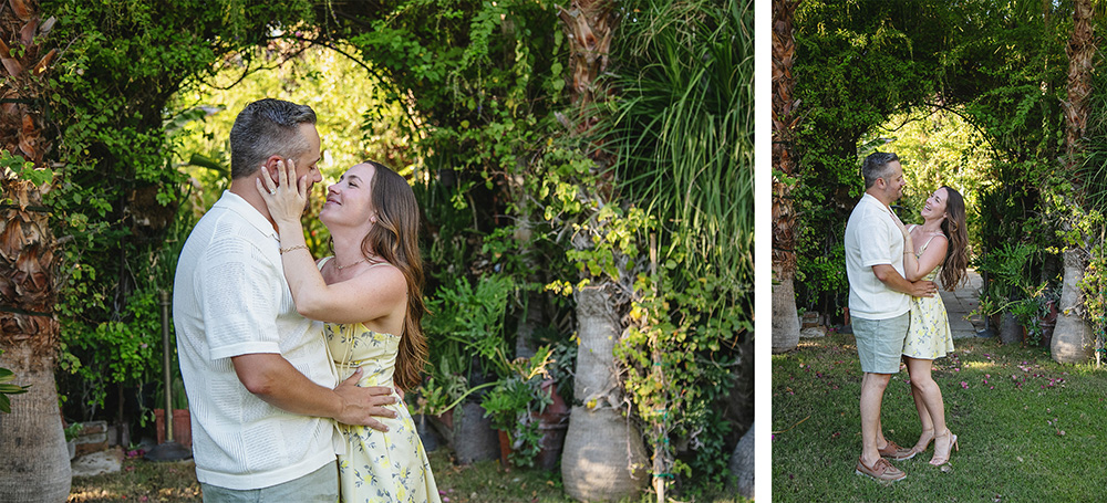 Couple share a tender moment after a surprise proposal in Palm Springs Ca.