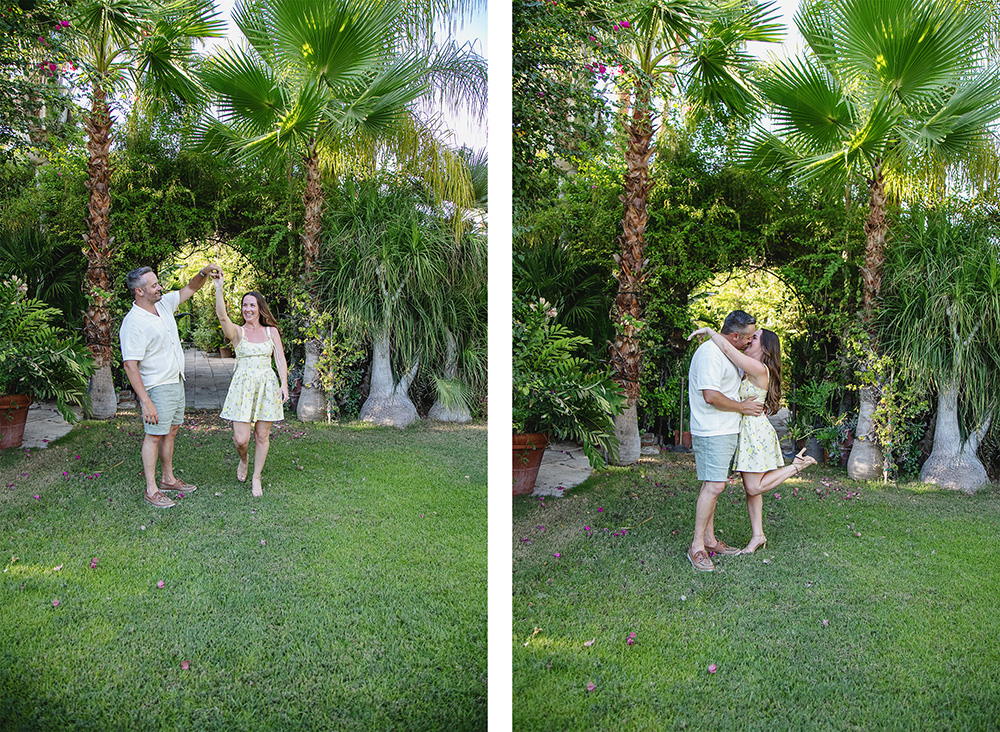 Newly engaged couple celebrate in a lush green garden in Old Palm Springs