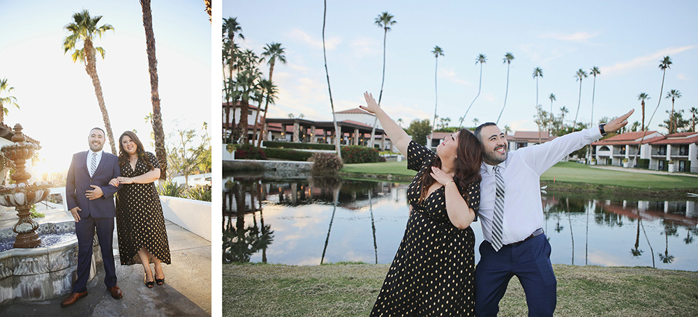 Couple pose for fun photos on the golf course at Rancho Las Palmas