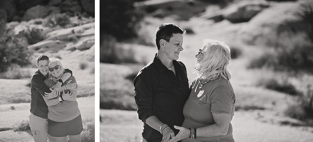Two women celebrate a surprise proposal in Joshua Tree national park.