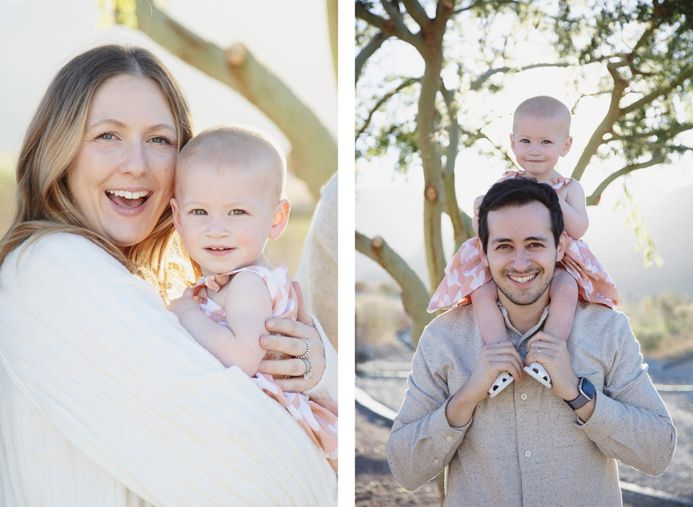 Mother holding toddler during desert family photo session in La Quinta Cove