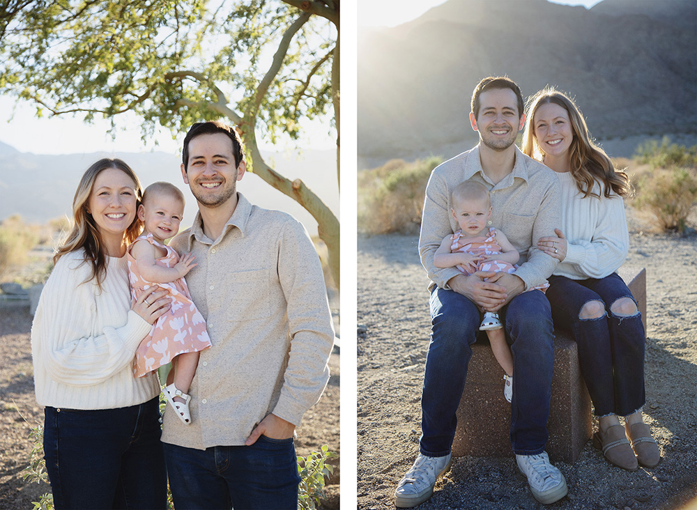 Family sitting together in desert landscape during La Quinta Cove family photography session