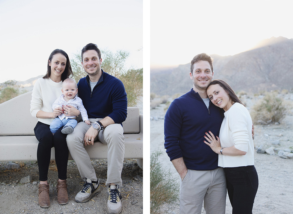Left Image Alt Text
Family sitting together on a bench during a La Quinta Cove family photo session, with parents smiling and holding their baby in soft desert light.
Right Image Alt Text
Couple standing close together in La Quinta Cove, sharing a quiet moment during a family photo session with desert mountains in the background.