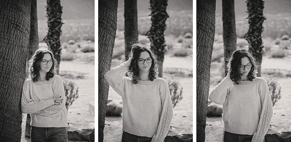 Three black and white photos of a teenager posing for photos