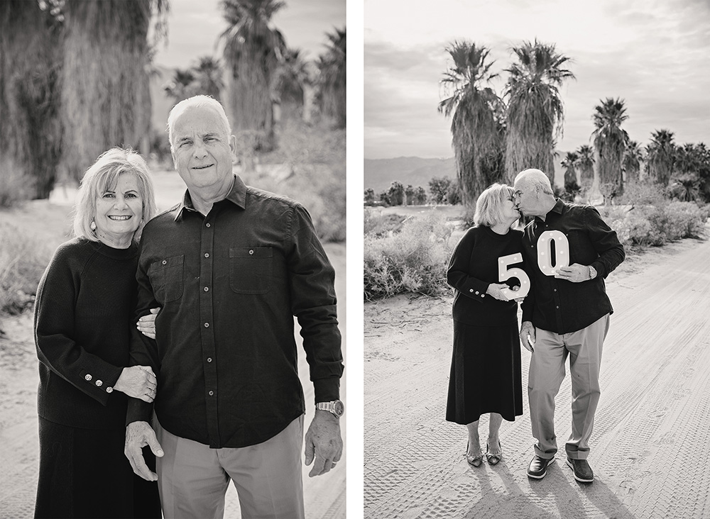 Two photos of a couple posing for photos on their 50th wedding anniversary
