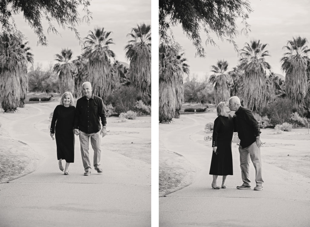 Casual black and white portraits on an elderly couple in the desert