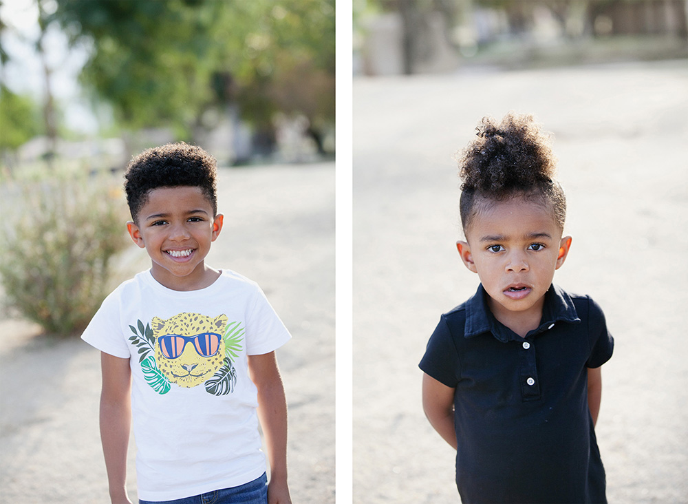 Two portraits of two young siblings, a boy and a girl in a park setting