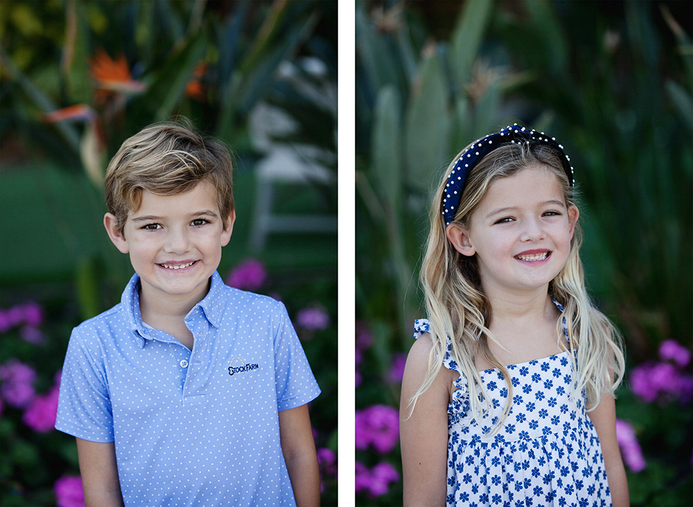 Two photos of blonde brother and sister smiling at the camera