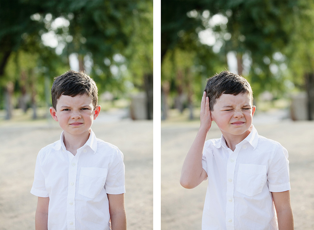 two photos of a young boy trying to pose for photos while fighting with little bugs