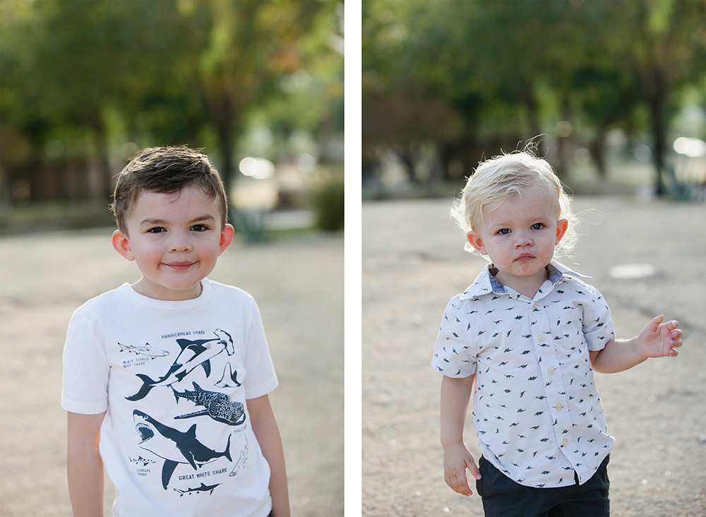 Two photos of cousins. Two young boys pose in a park