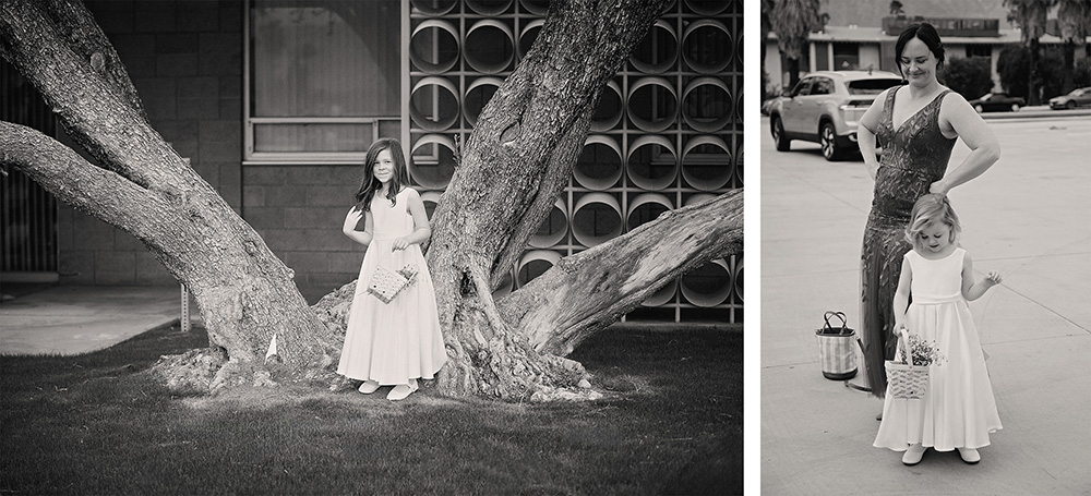 Two photos of sweet flower girls goofing off before taking photos