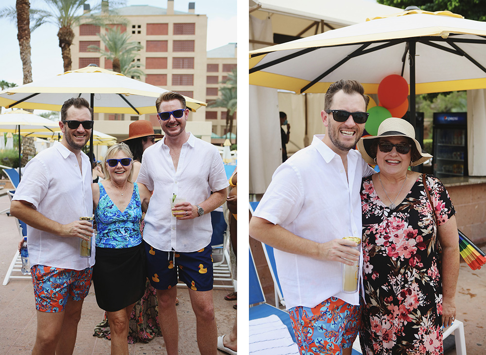 Fun candids at a pool party at a large hotel