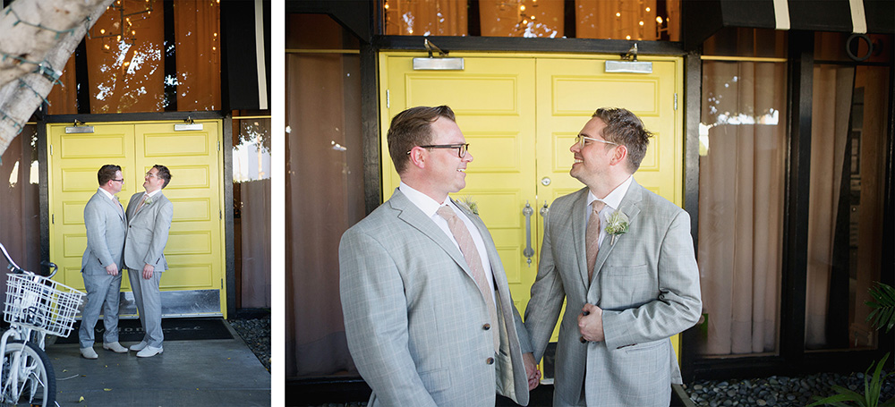 Two photos of two grooms standing in front of vibrant yellow doors.