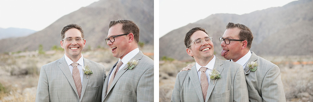 Two grooms have fun with photos in the desert