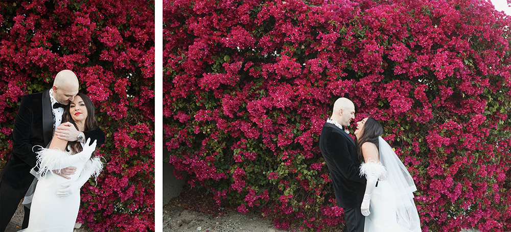 Bride and groom pose for fun photos in front of vibrant magenta flowers