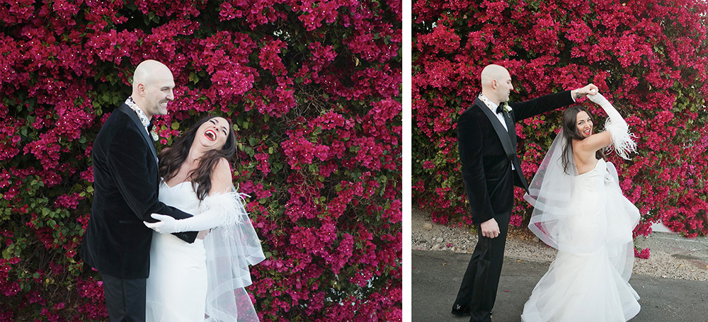 Joyful couple pose for photos on their wedding day