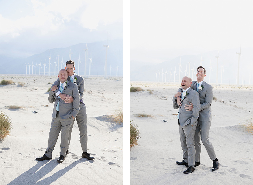 Happy grooms standing for silly photos in the desert of Palm Springs
