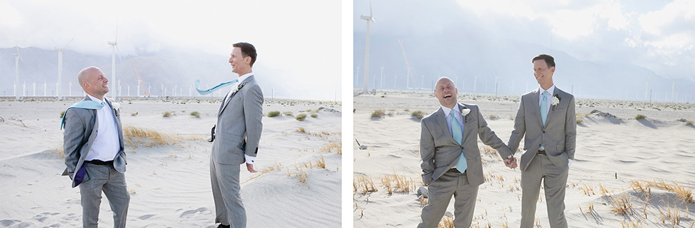 Super fun photos of two grooms having fun with silly photos in the desert