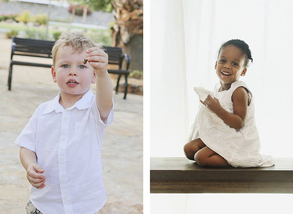 Two portraits of toddlers.  Left photo:  a blonde haired child holds up a leaf to show the camera.  
Right photo: a dark haired girl sits on a bench laughing and holding her dress