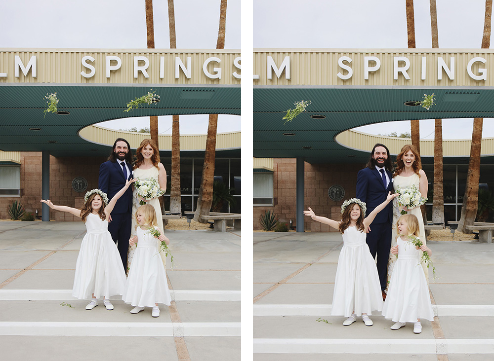 Two photos, newlyweds on steps of Palm Springs City Hall