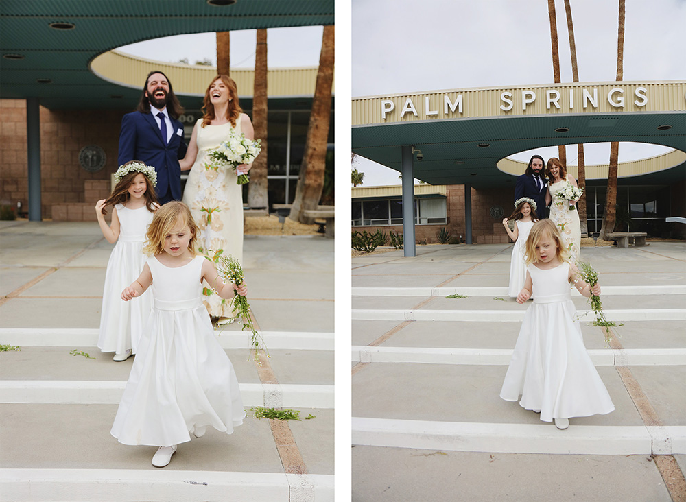 Newlywed couple and flower girls on steps of Palm Springs City Hall
