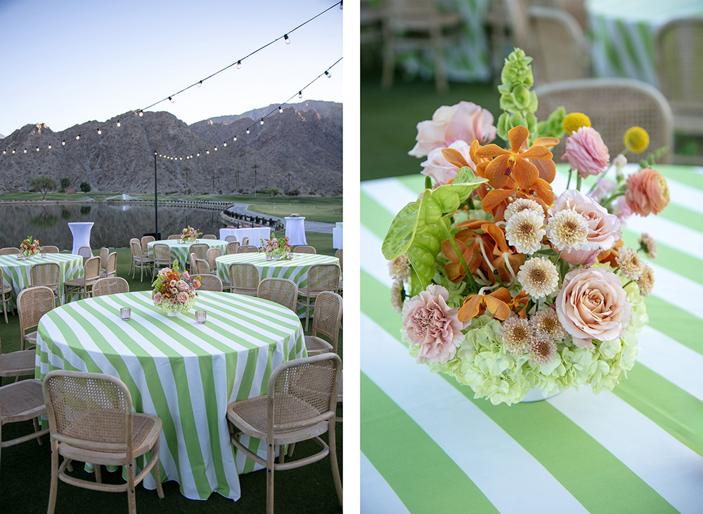 two photos showing up close and wider angle of floral centerpieces