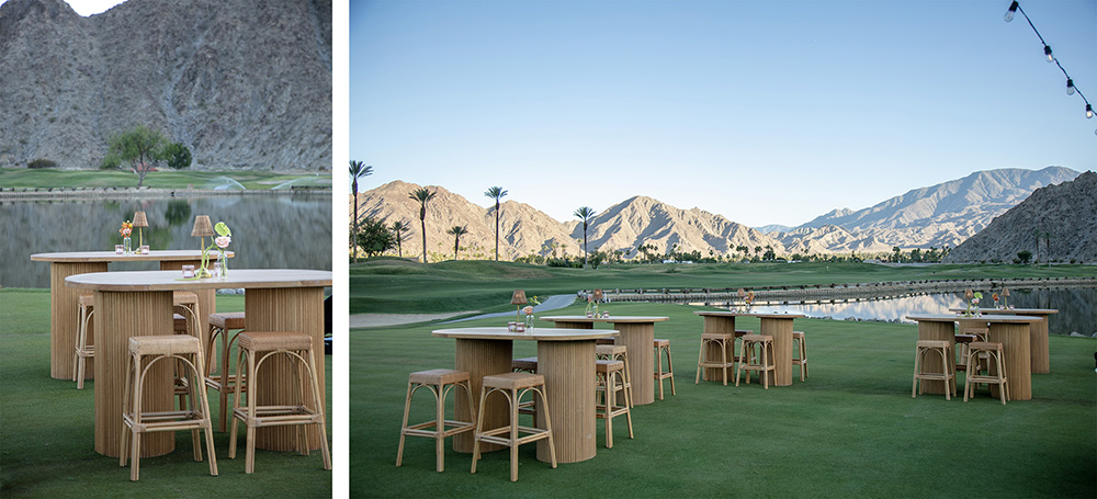 Cocktail tables made in a modern style with sunkissed mountains in the background
