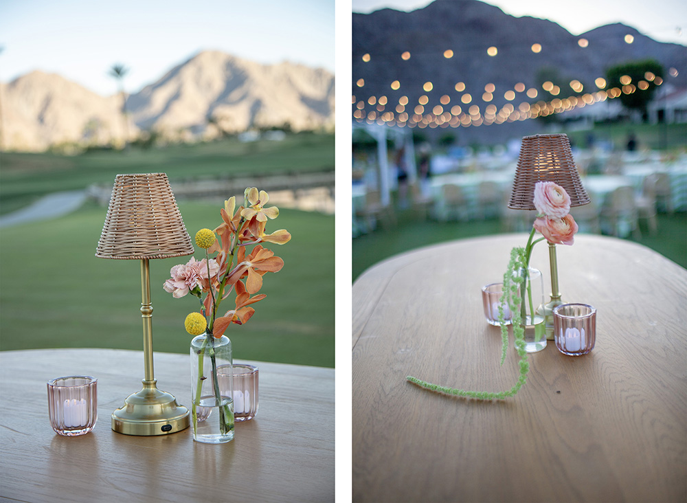Close up views of simple floral arrangements on cocktail tables 