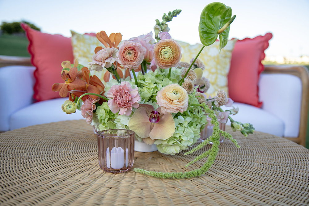 Closeup of a floral centerpiece in the desert