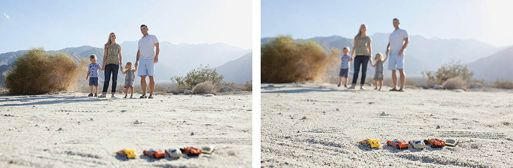 Two photos of a family of four, with toy cars in the foreground