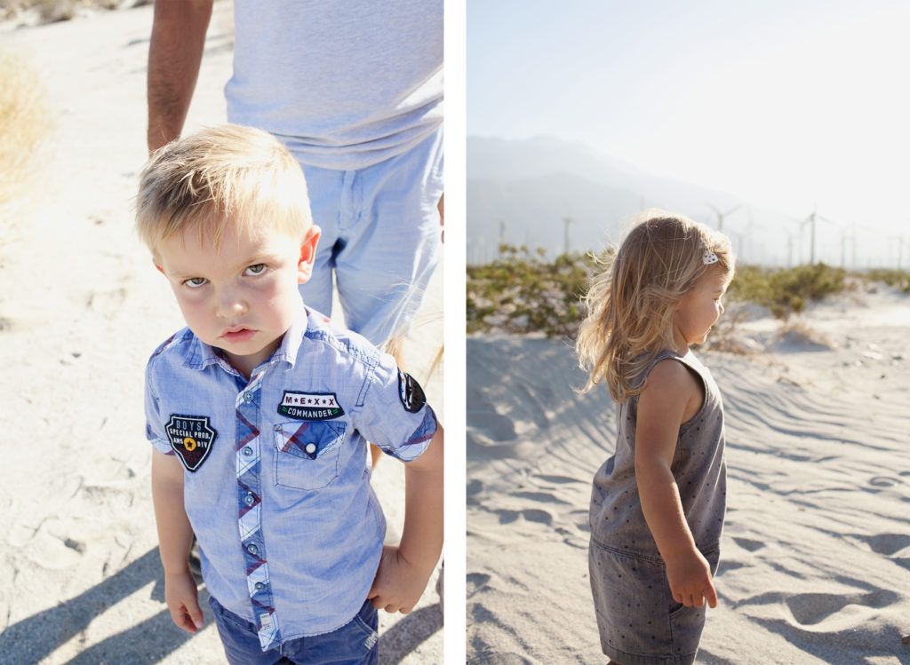 Two photos of toddlers, a boy looks sullenly at the camera