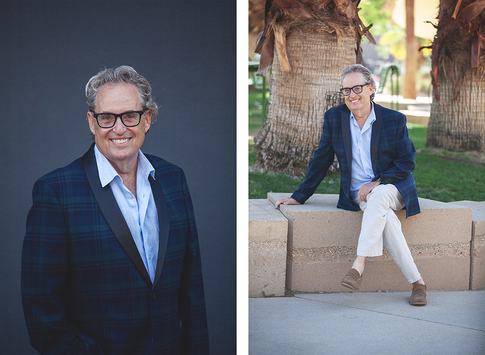 Two photos of a gentleman wearing a plaid blazer and black glasses.