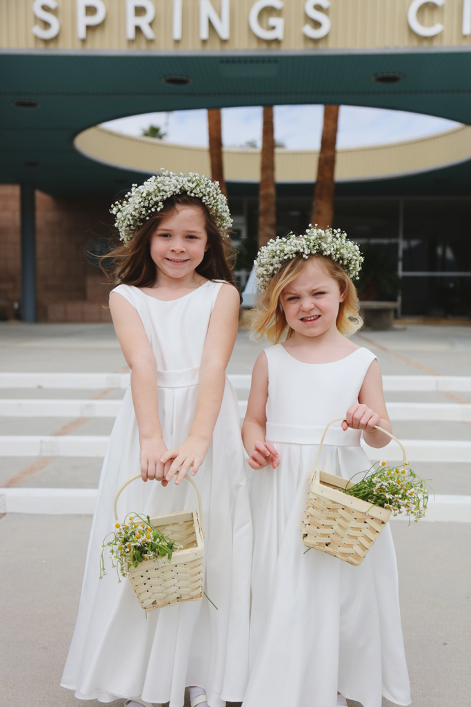 Two darling flower girls with flower head wreaths at Palm Springs City hall.