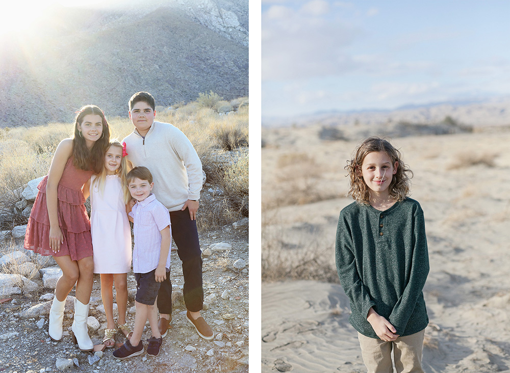 Two separate photos, one is a group of four children posing in the desert. the other is one young blonde boy posing in the desert