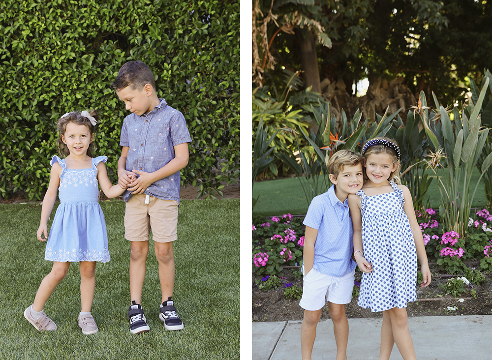 Two photos of brothers and sisters sweetly posing for photos
