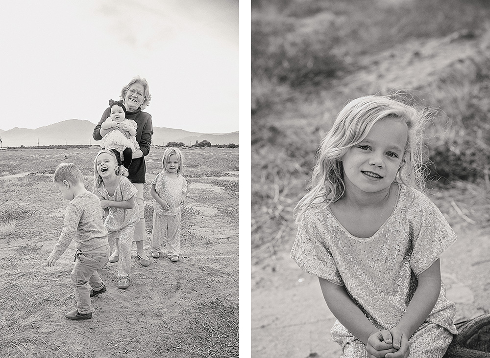 Two black and white photos with a grandmother and her four grandkids